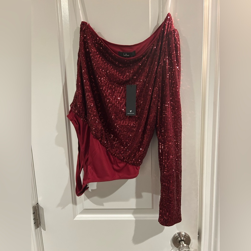 Brand new with tags!!! Lulus Sparkly Red Bodysuit